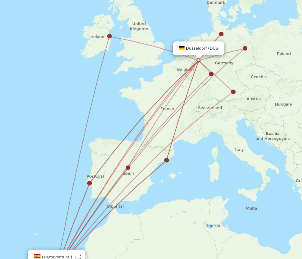 DUS to FUE flights and routes map