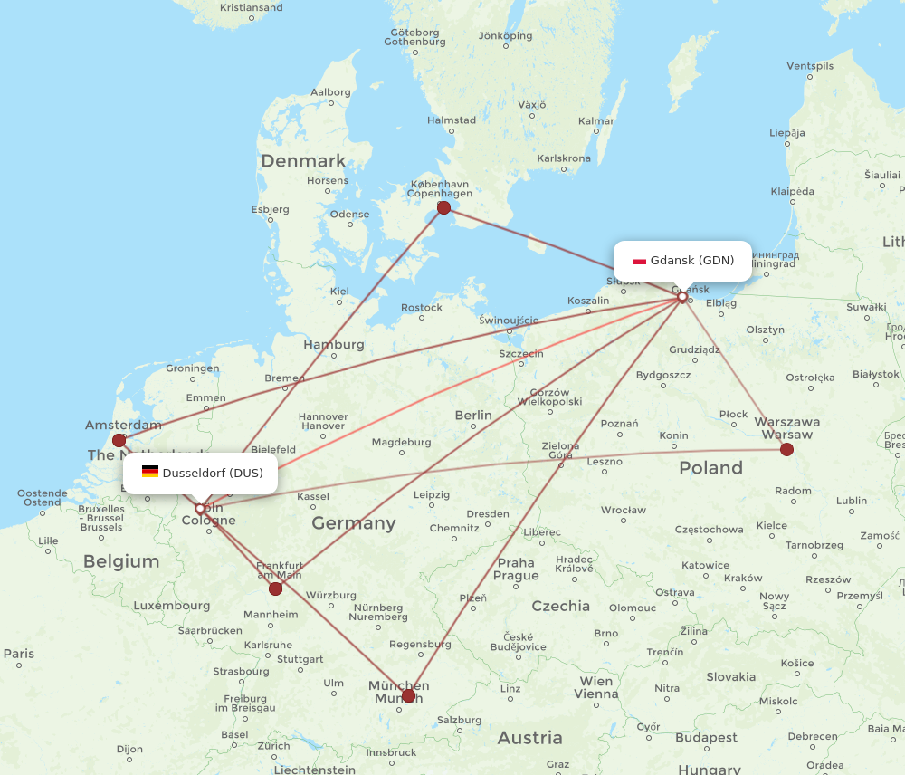 DUS to GDN flights and routes map