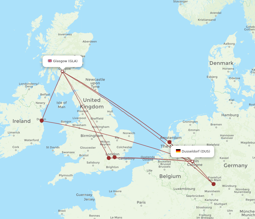 DUS to GLA flights and routes map