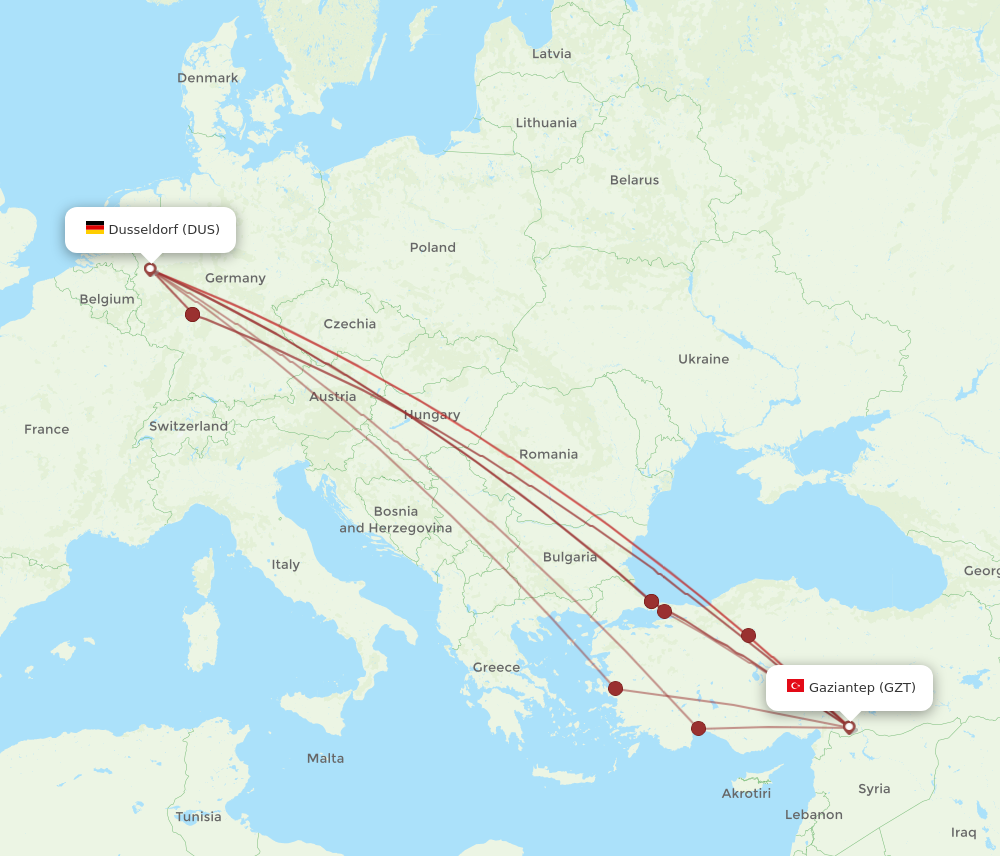 DUS to GZT flights and routes map