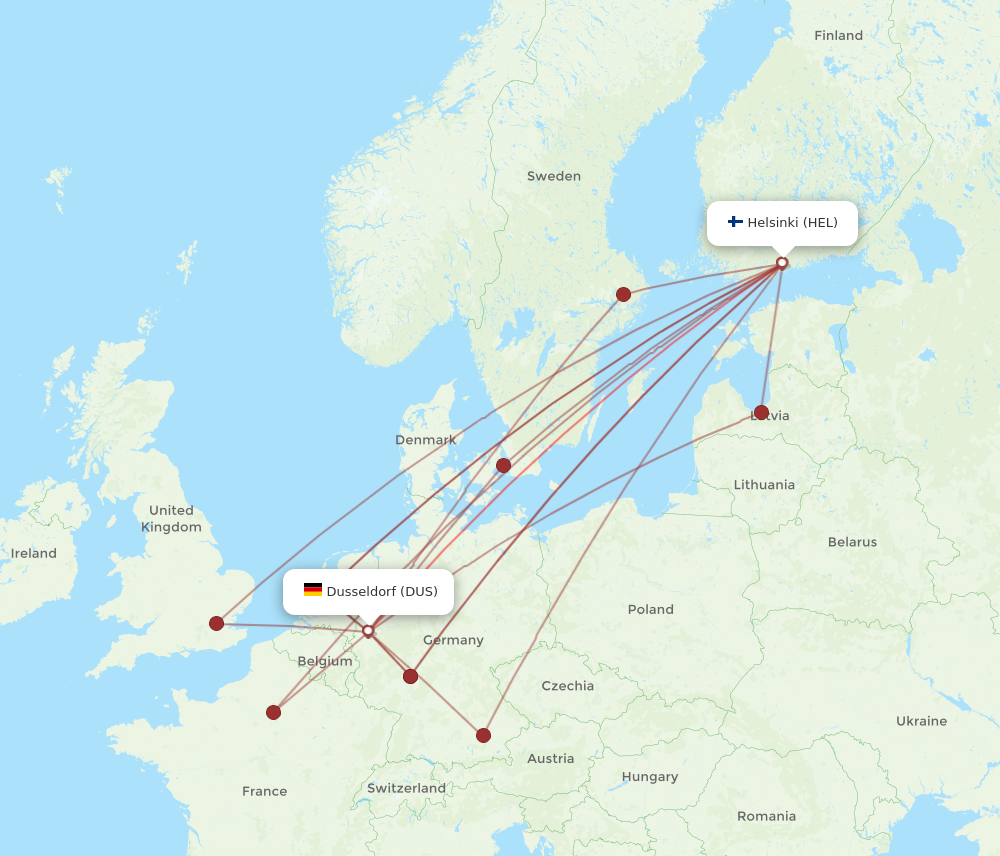DUS to HEL flights and routes map