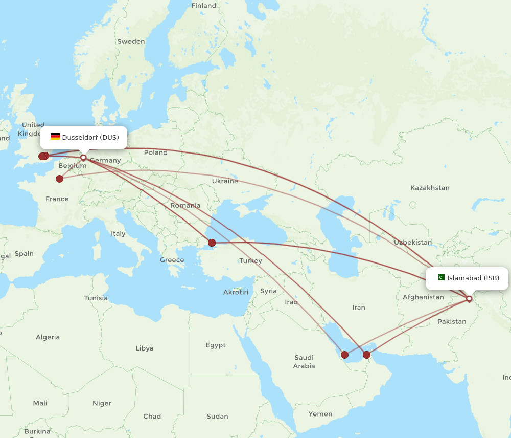 DUS to ISB flights and routes map