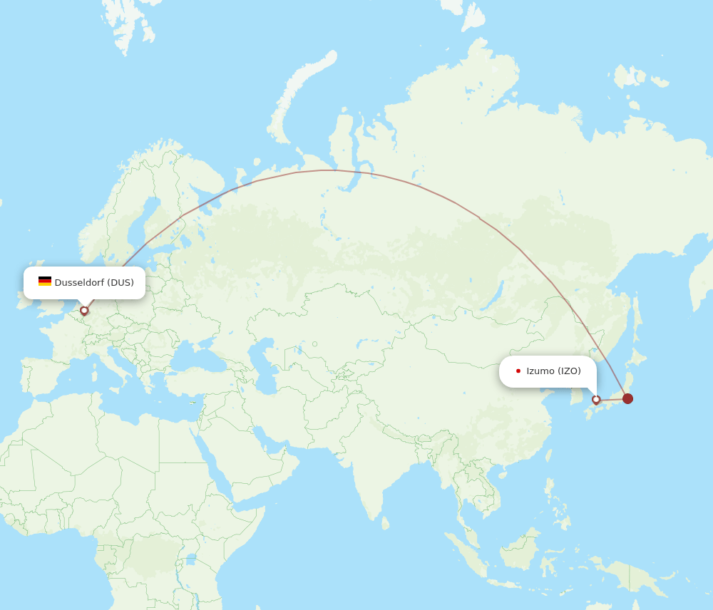 Izumo - Dusseldorf route map and flight paths