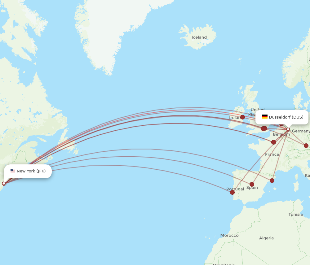 DUS to JFK flights and routes map