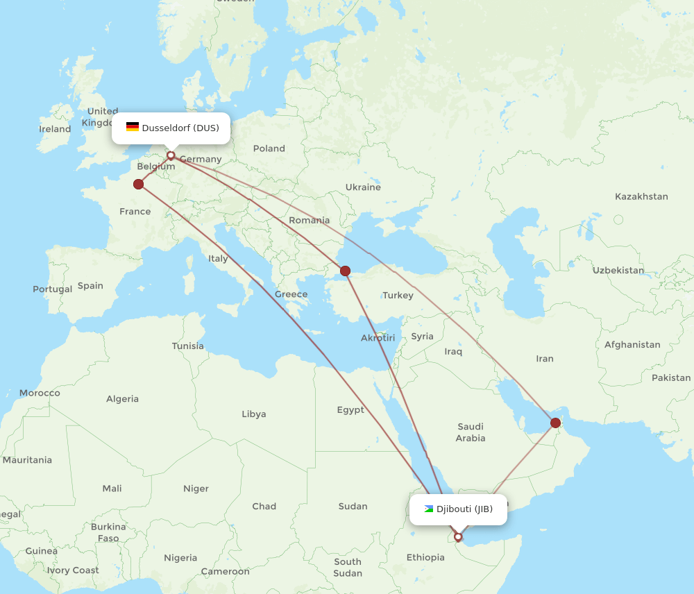DUS to JIB flights and routes map