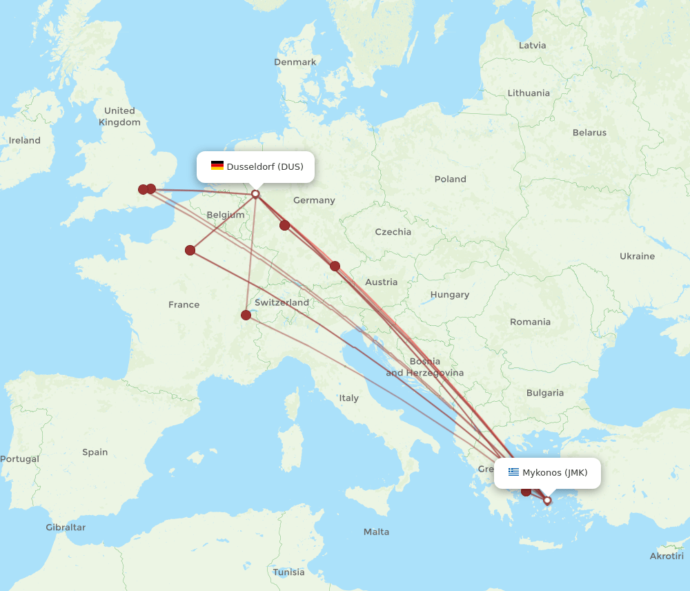 DUS-JMK flight routes