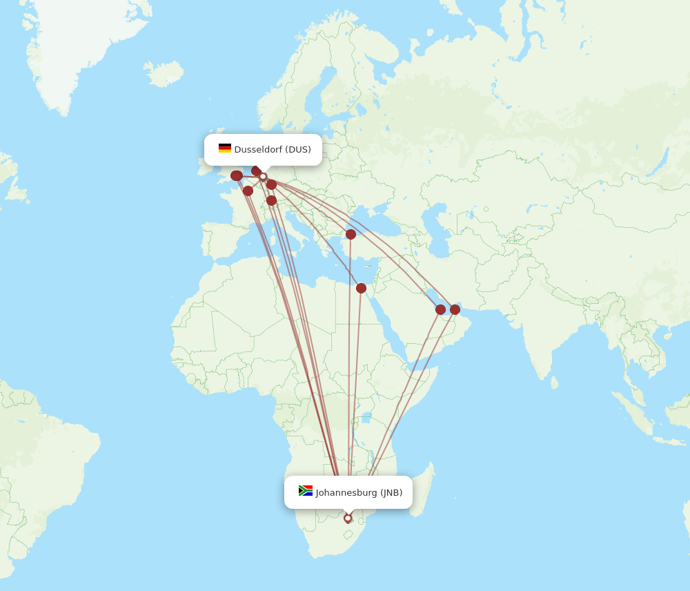 DUS to JNB flights and routes map