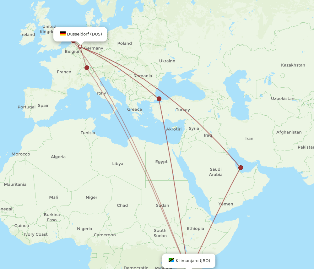 DUS-JRO flight routes