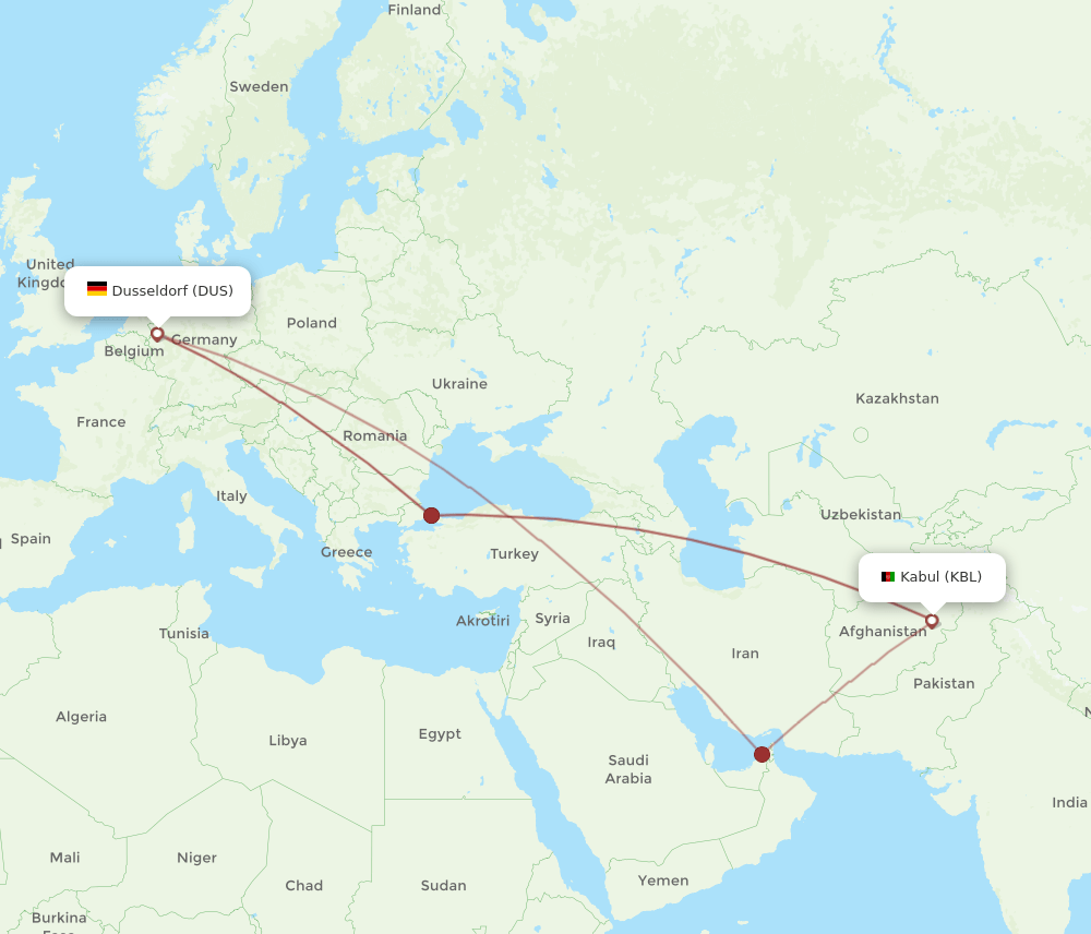 DUS-KBL flight routes