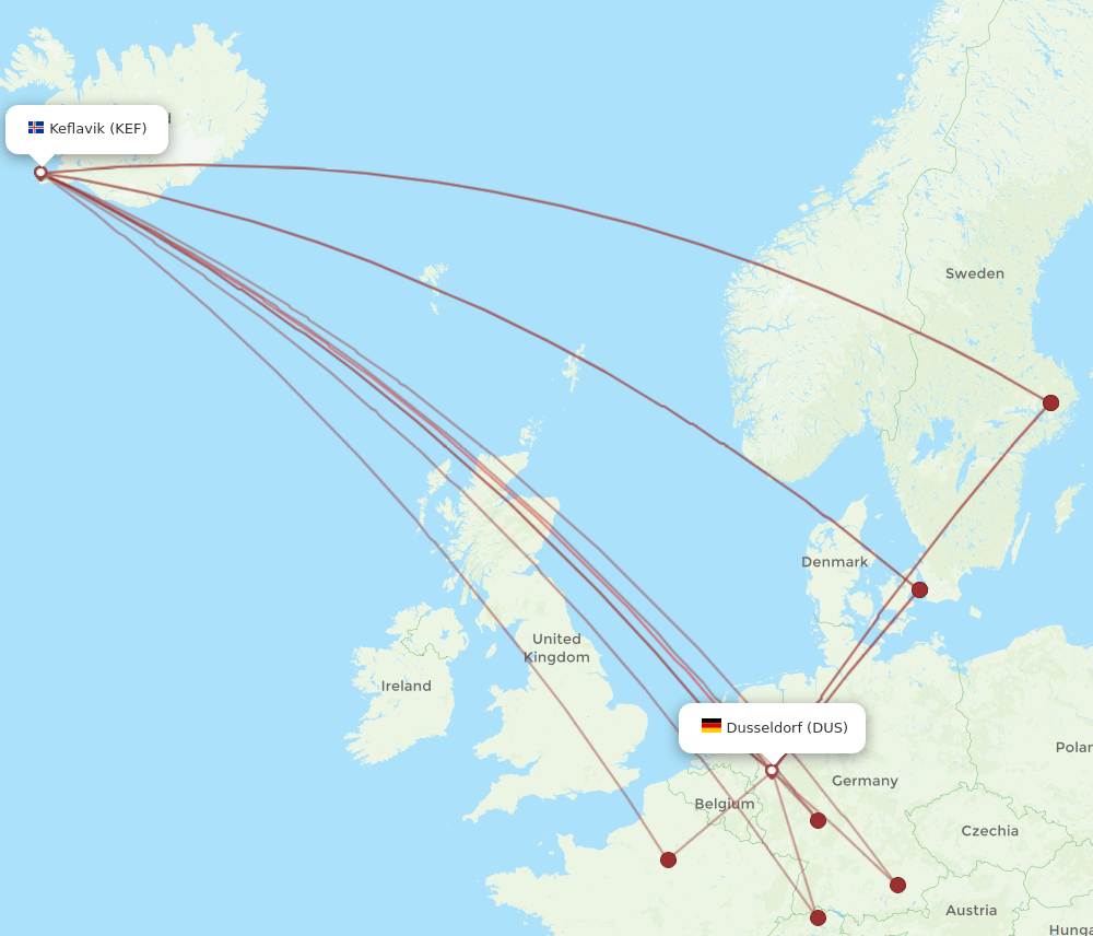 DUS to KEF flights and routes map