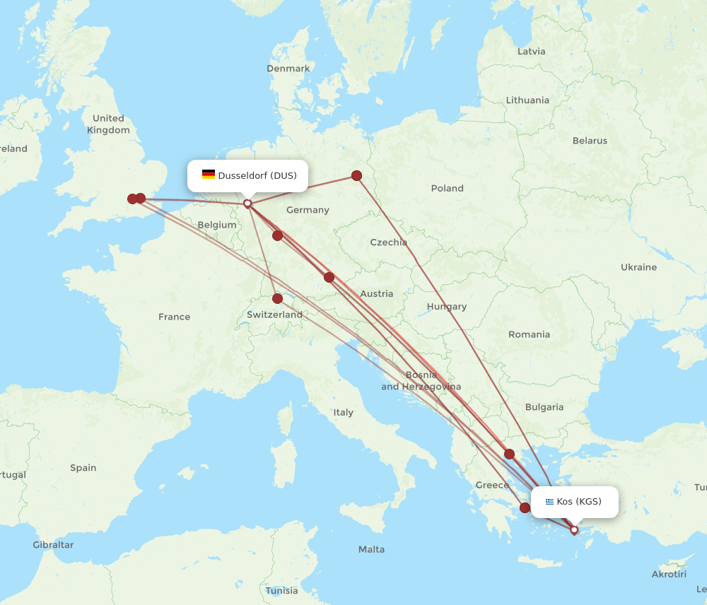DUS-KGS flight routes