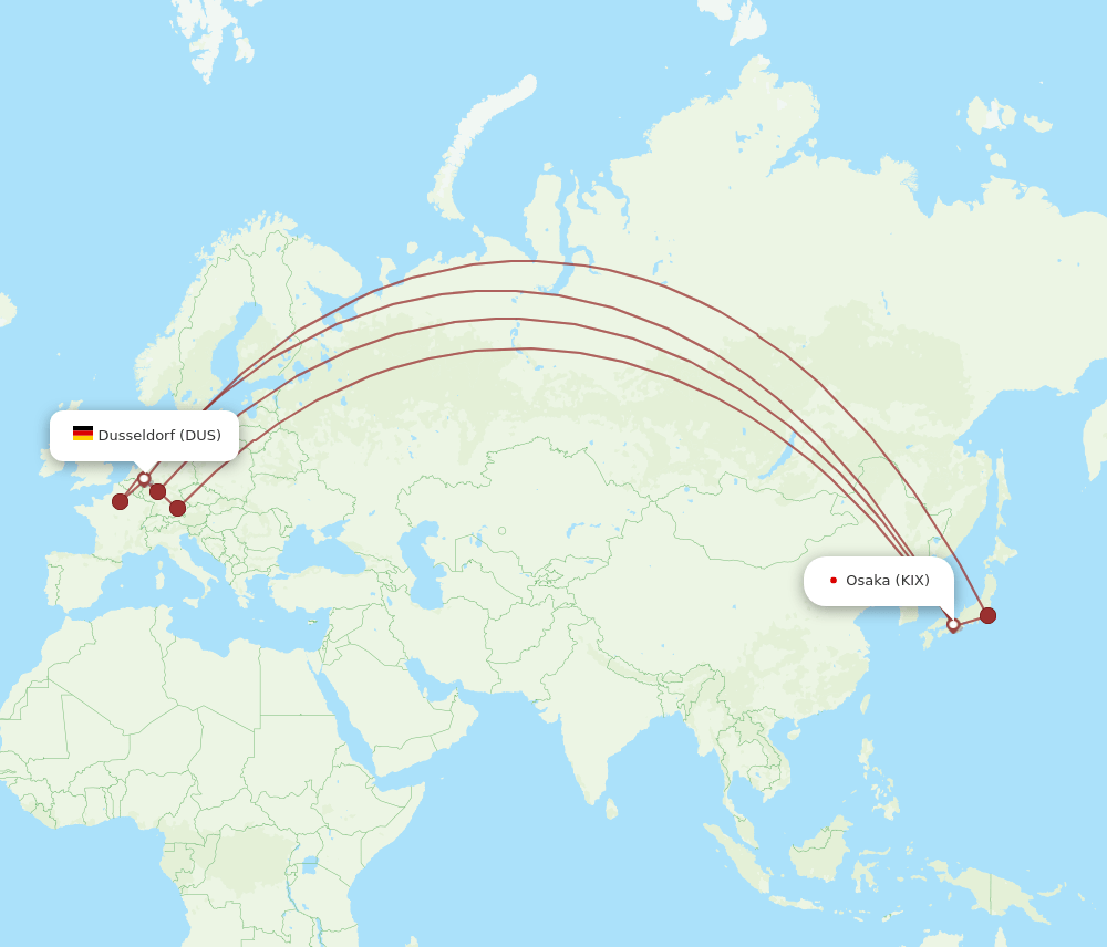 DUS to KIX flights and routes map