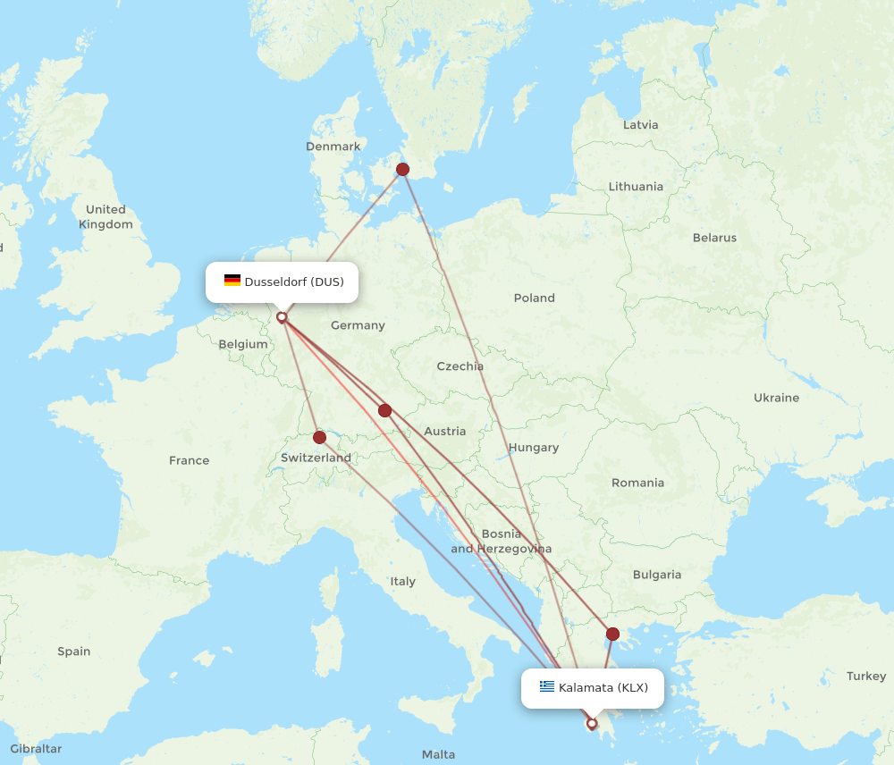 DUS-KLX flight routes
