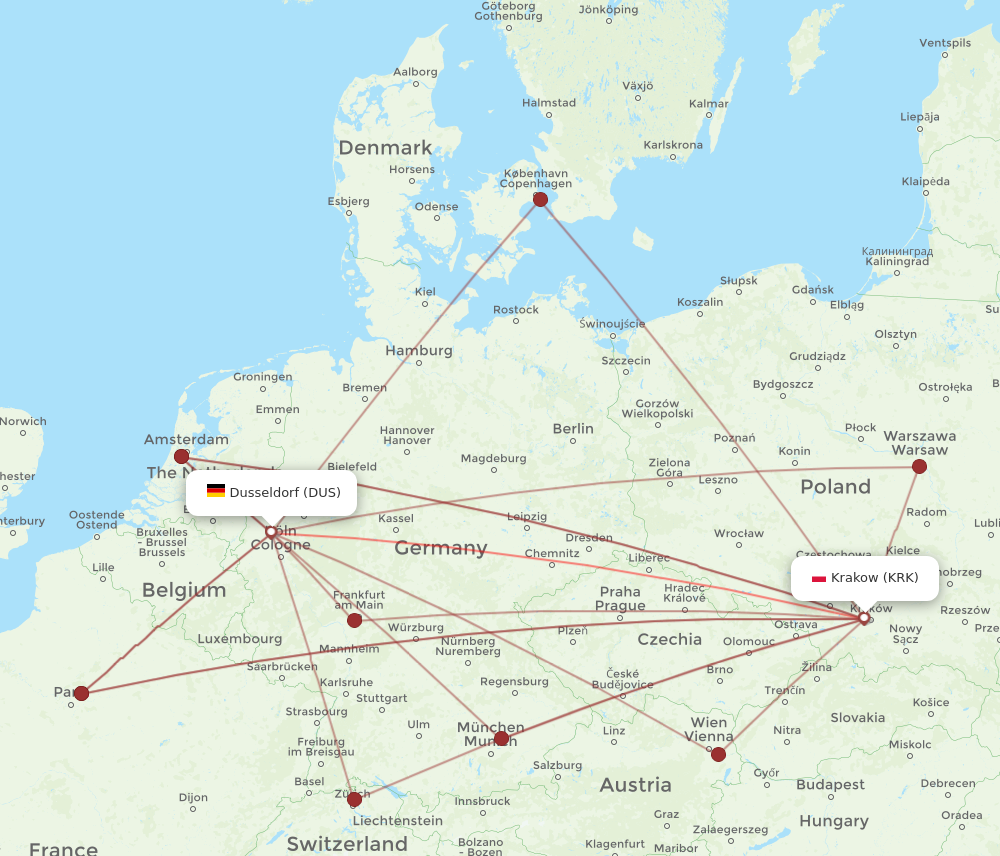 DUS to KRK flights and routes map