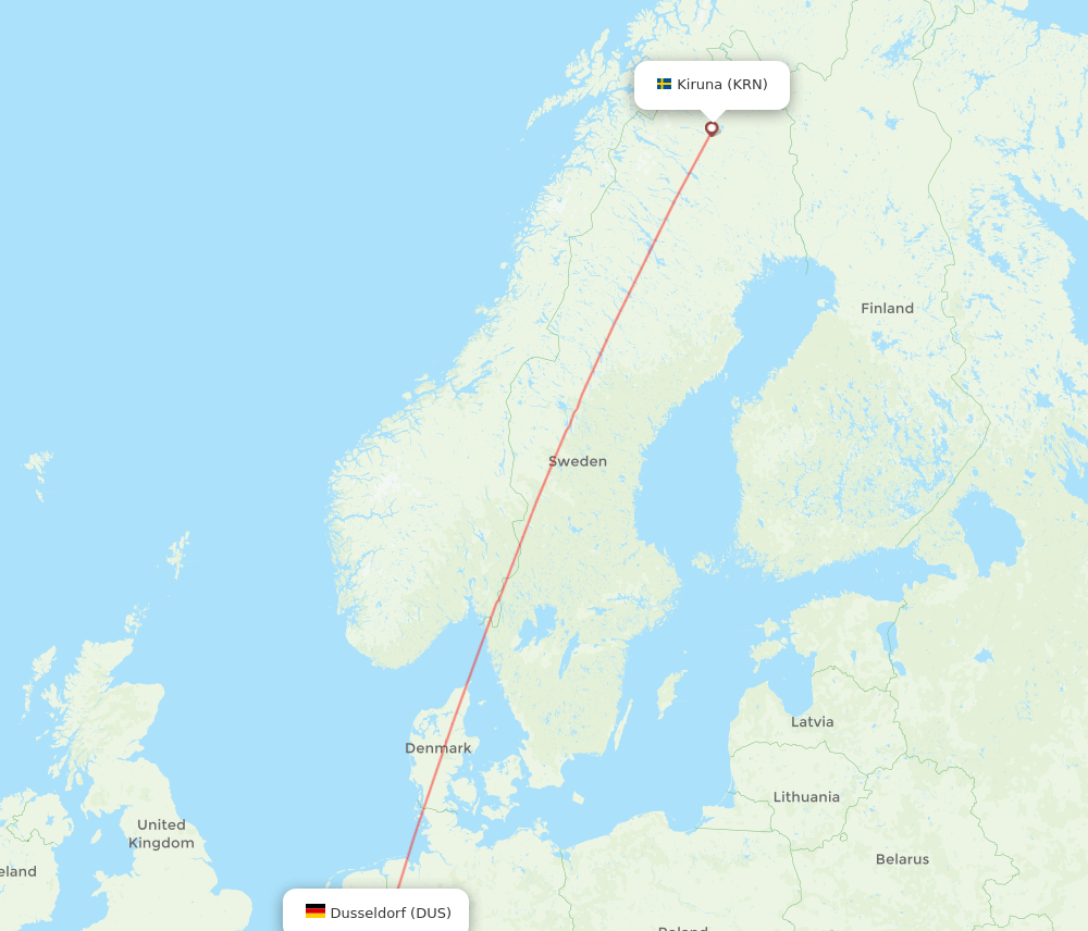 Dusseldorf - Kiruna route map and flight paths