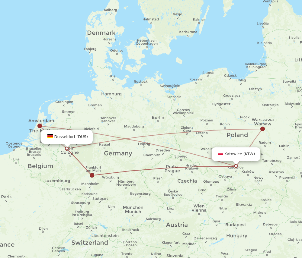 DUS to KTW flights and routes map