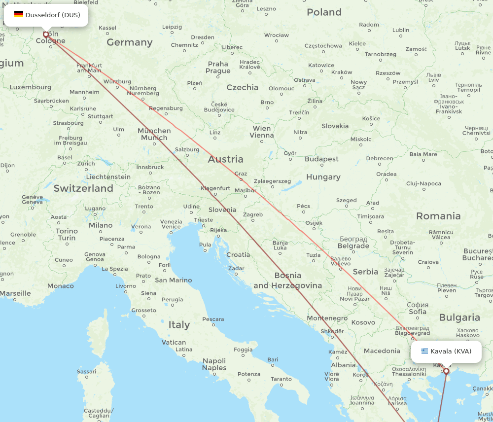 DUS-KVA flight routes