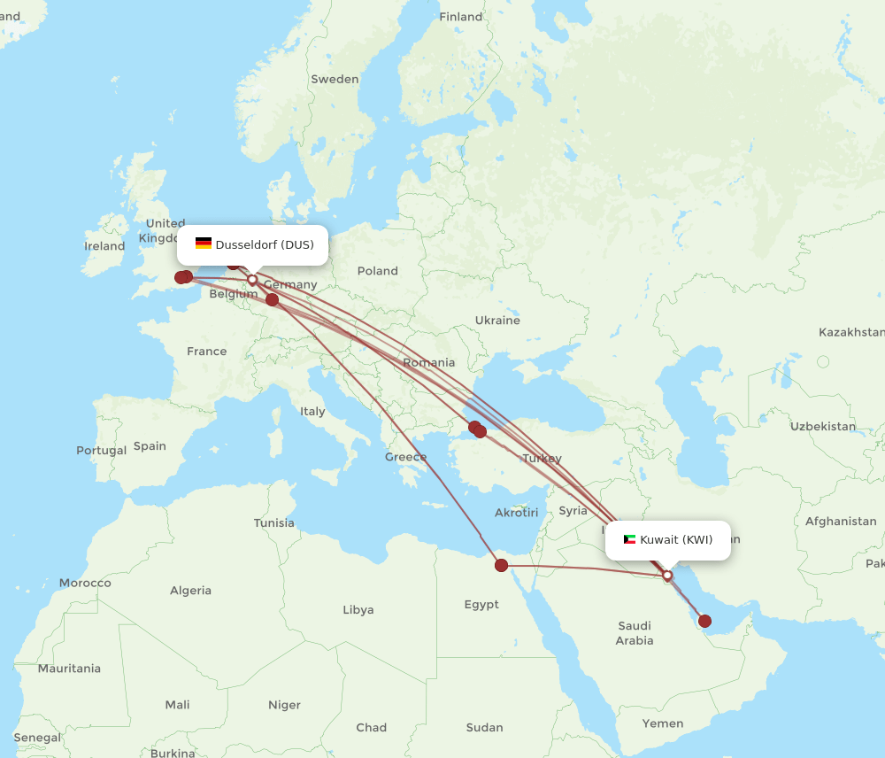 DUS to KWI flights and routes map