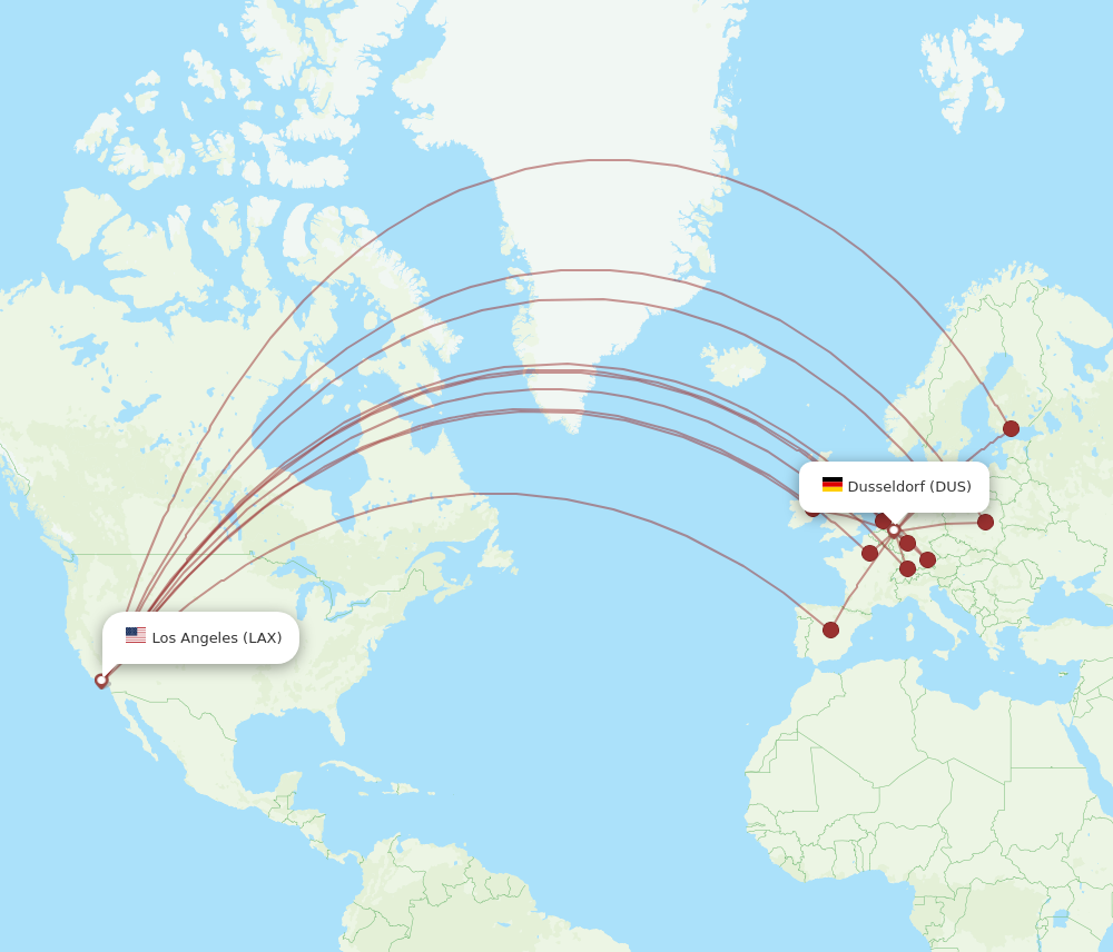DUS to LAX flights and routes map