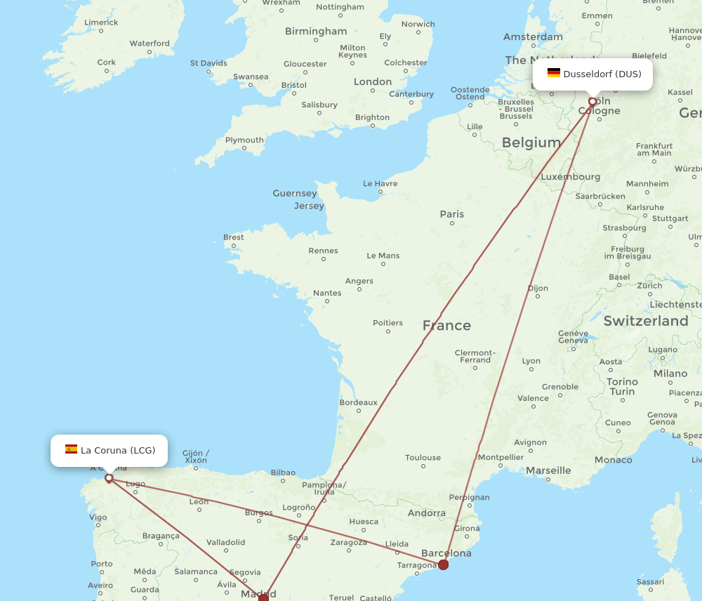 DUS to LCG flights and routes map