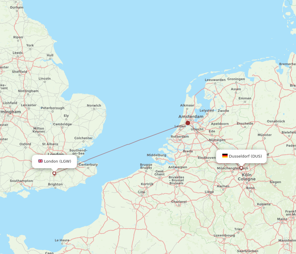DUS to LGW flights and routes map