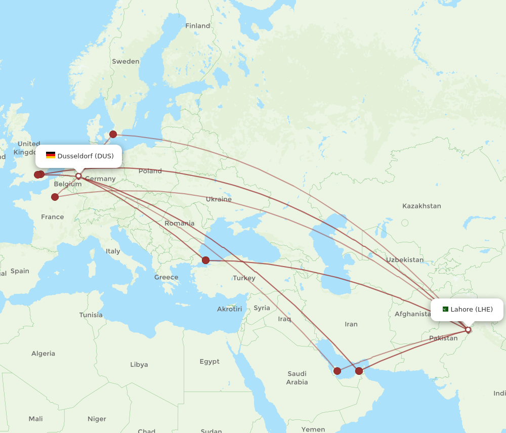 DUS to LHE flights and routes map