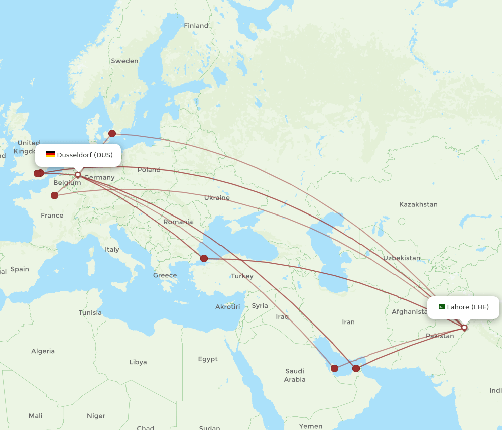 DUS-LHE flight routes
