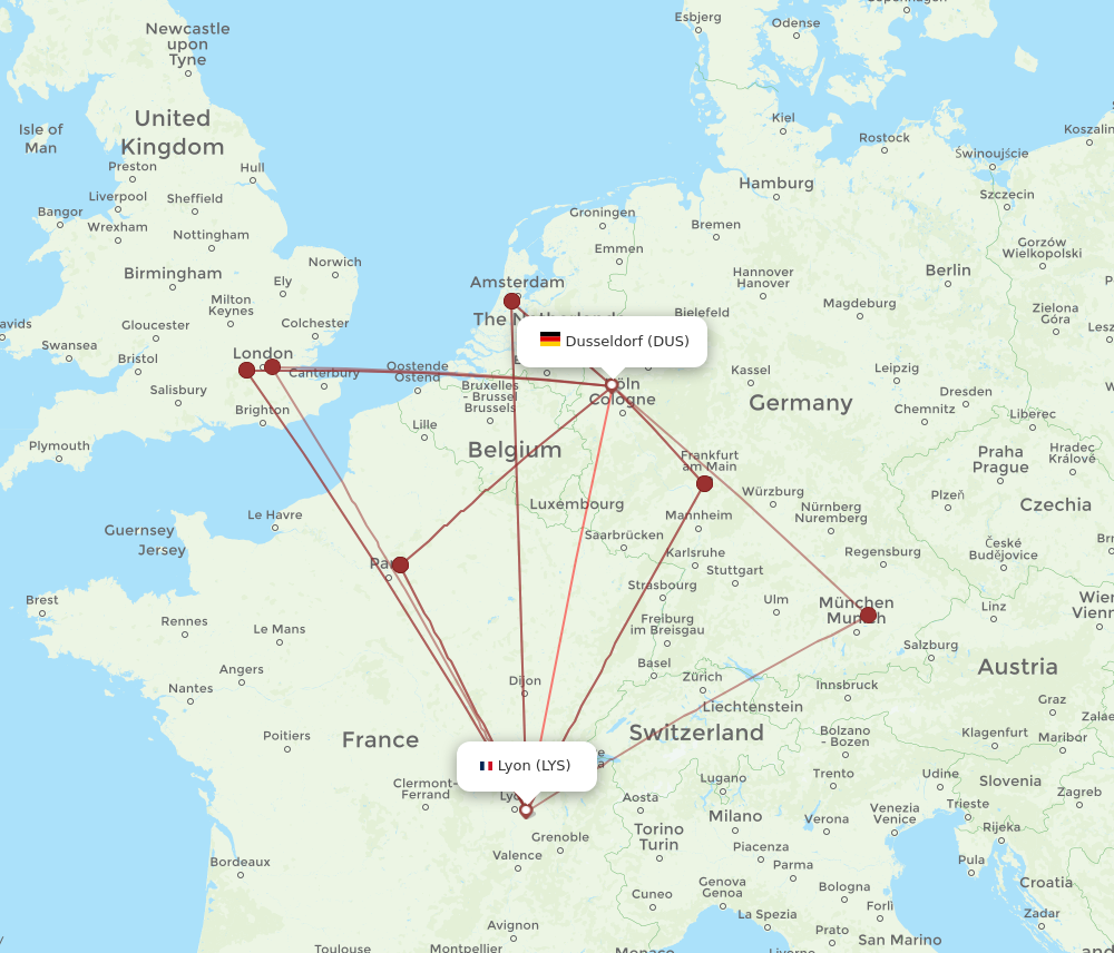 DUS to LYS flights and routes map