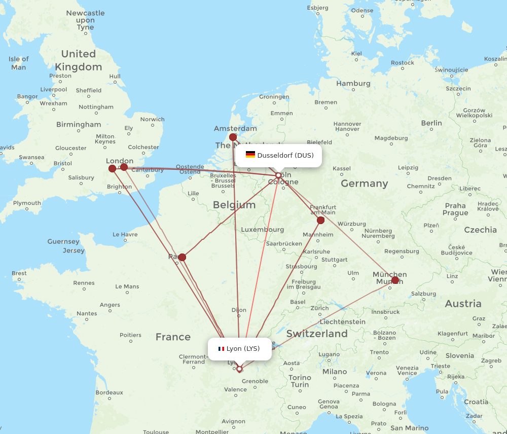 DUS to LYS flights and routes map