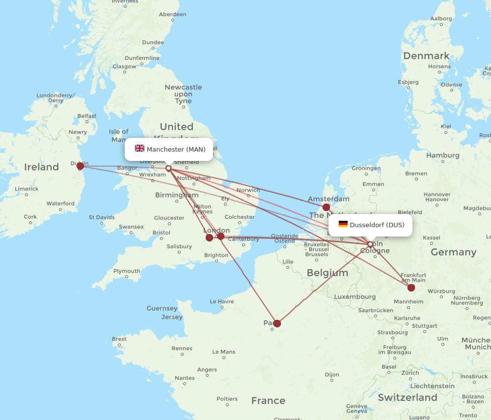 DUS to MAN flights and routes map