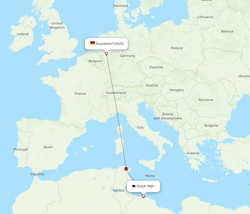 Dusseldorf - Mitiga, Tripoli route map and flight paths