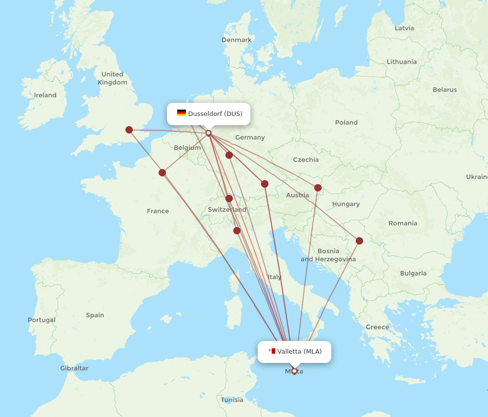 DUS-MLA flight routes