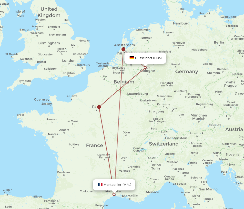 DUS to MPL flights and routes map