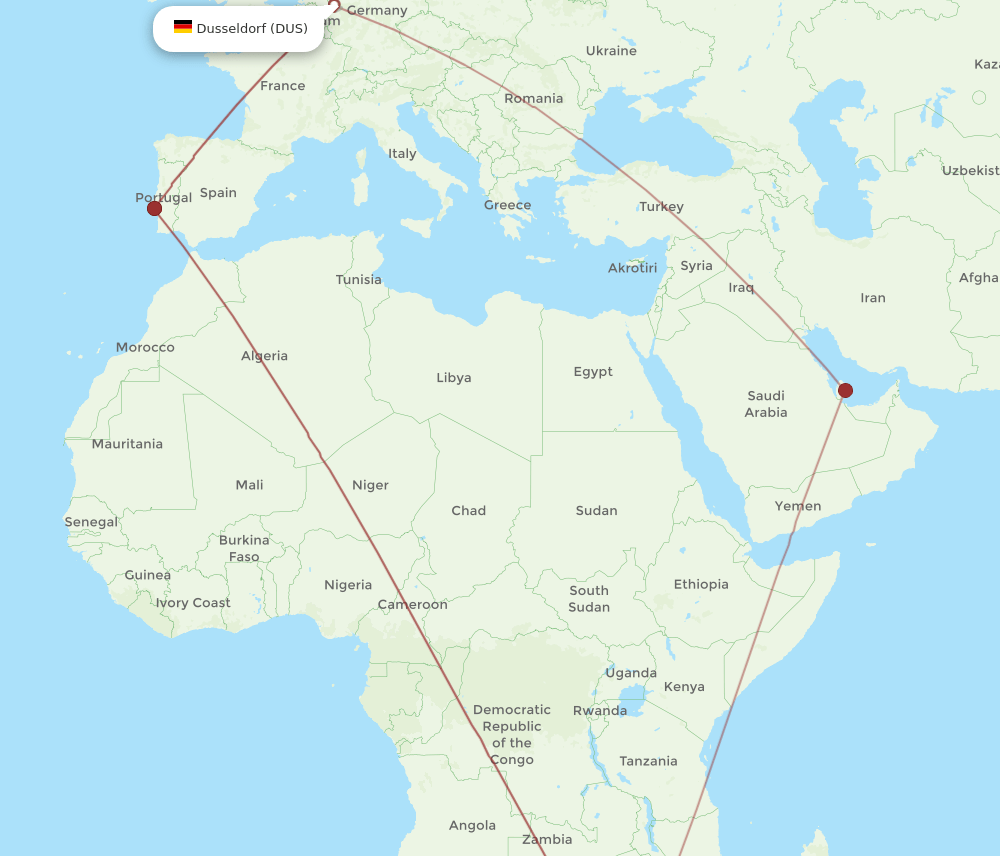 Maputo - Dusseldorf route map and flight paths