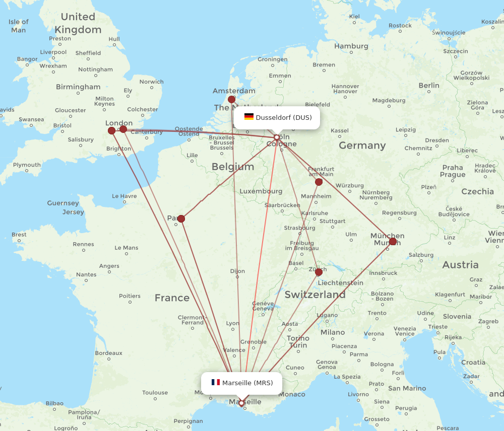 DUS to MRS flights and routes map