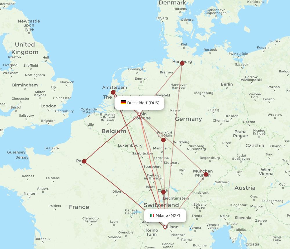 DUS to MXP flights and routes map