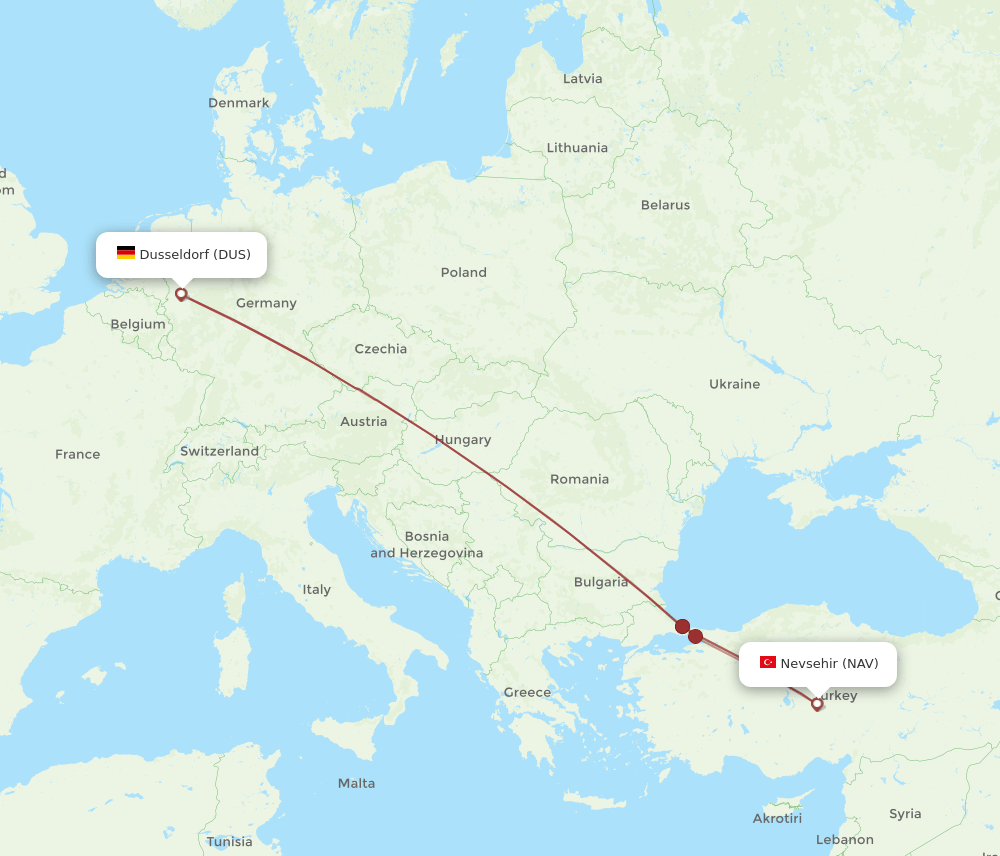 DUS to NAV flights and routes map