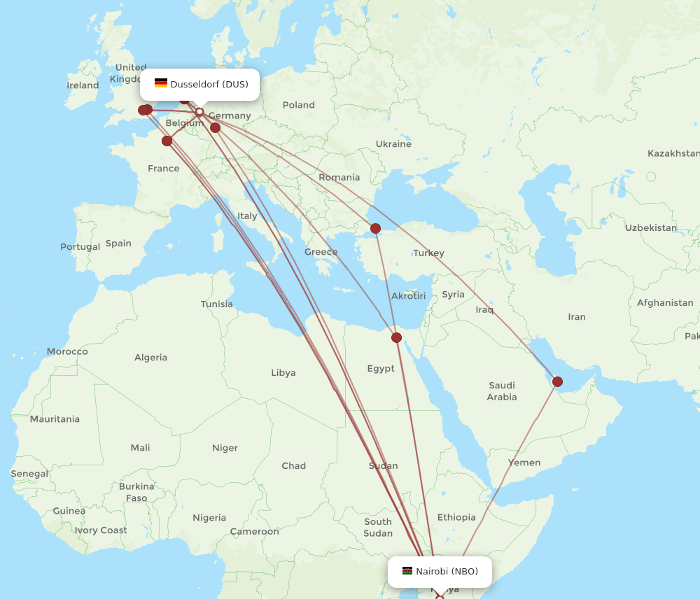 DUS to NBO flights and routes map