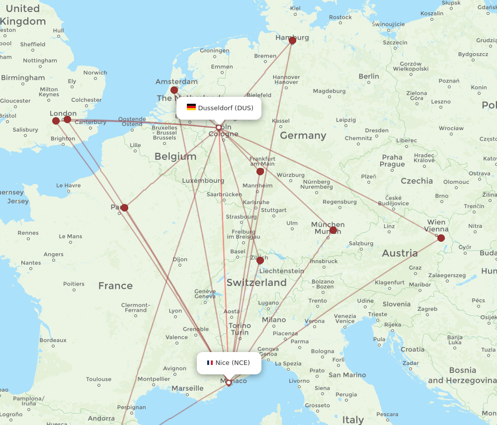 DUS to NCE flights and routes map