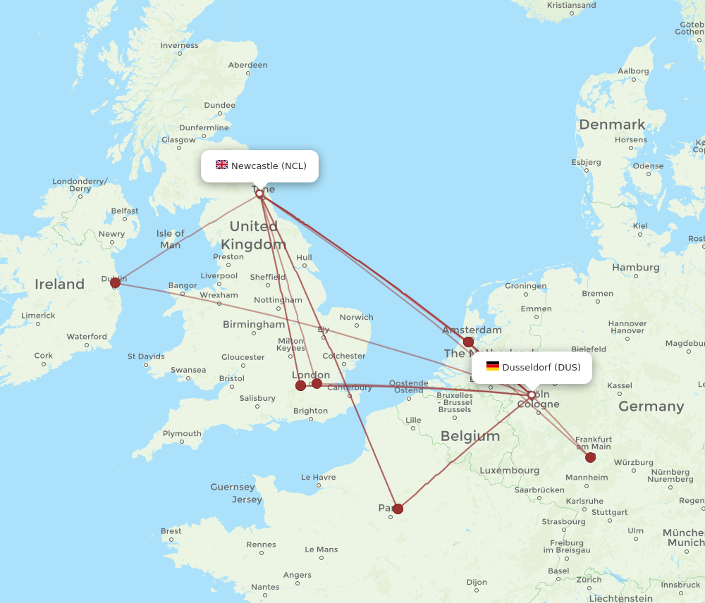DUS to NCL flights and routes map
