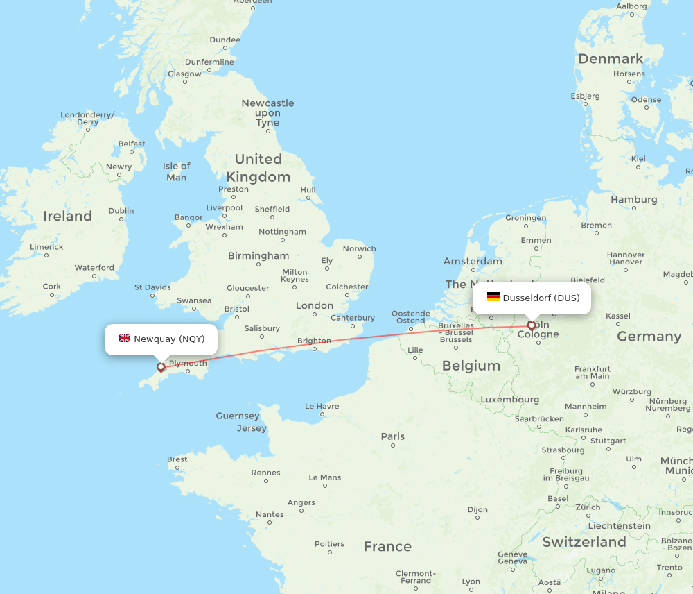 DUS-NQY flight routes