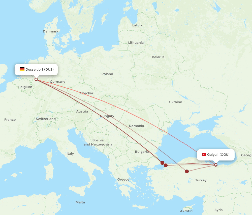 DUS to OGU flights and routes map