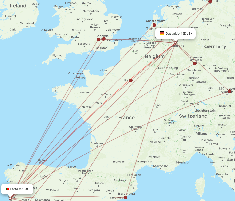 DUS-OPO flight routes
