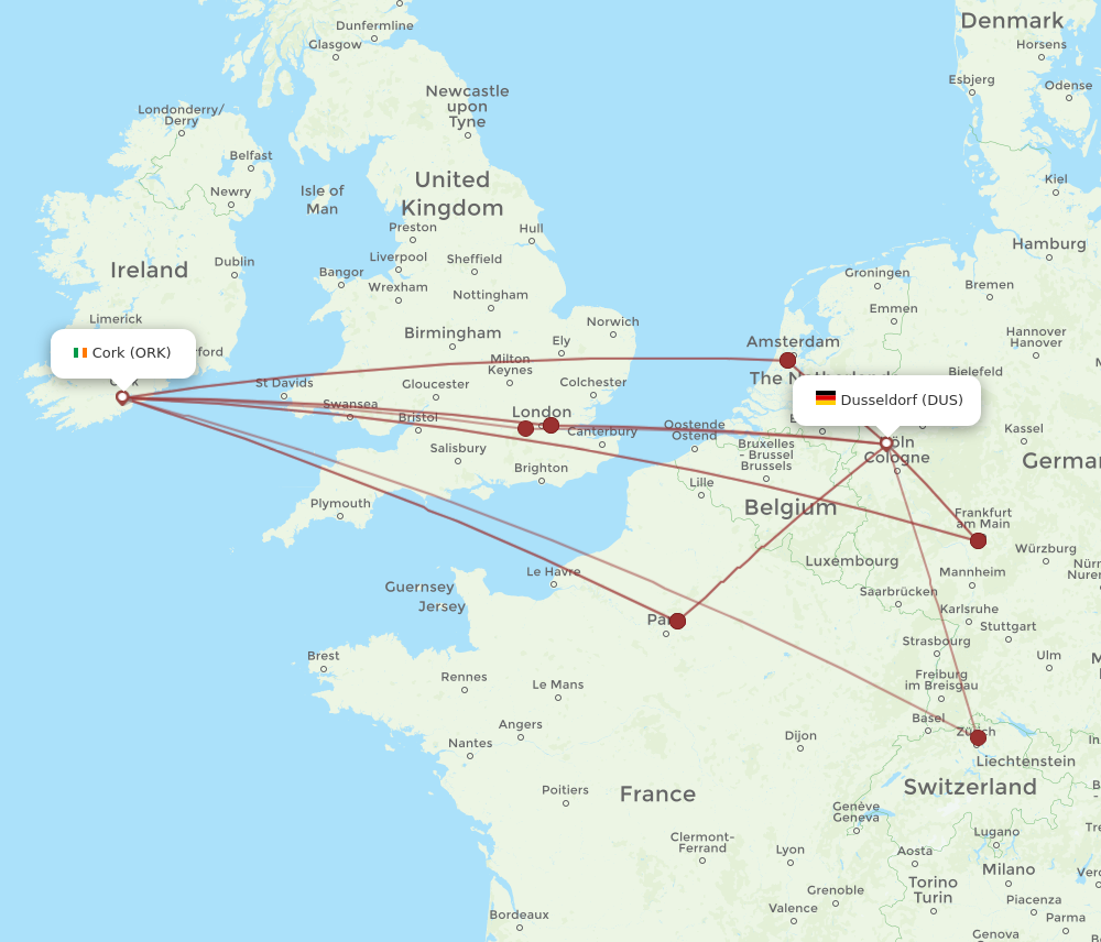 DUS to ORK flights and routes map