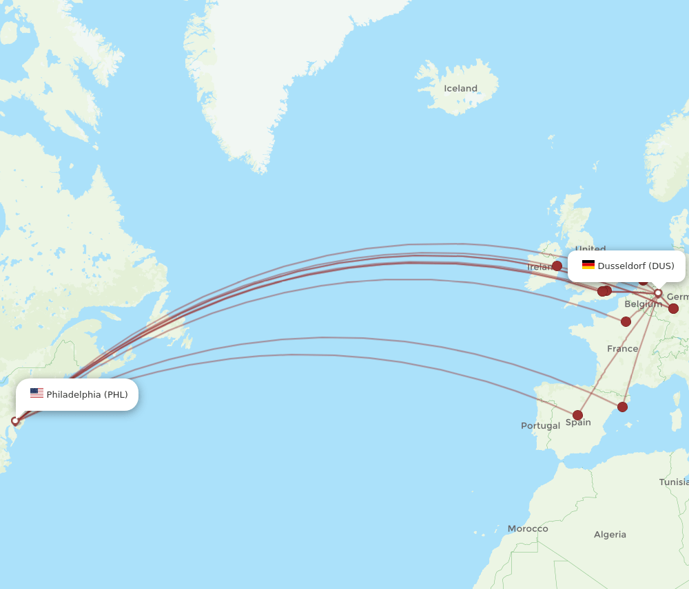 DUS-PHL flight routes