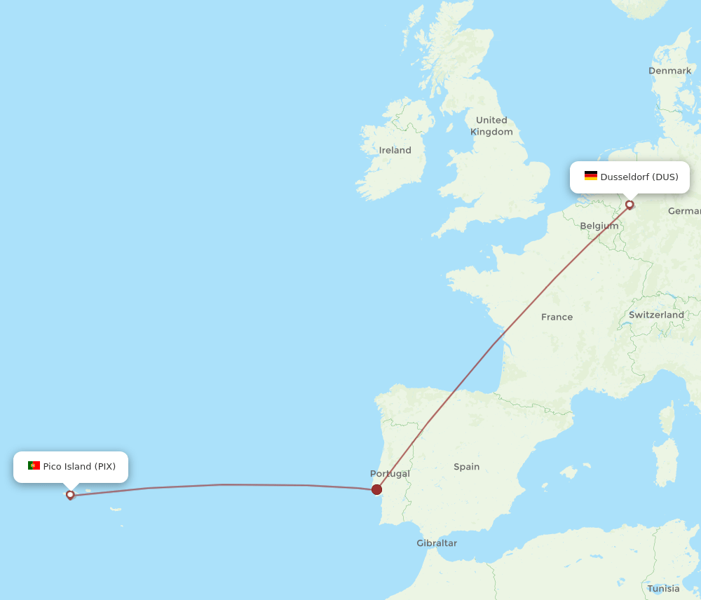Pico Island (Azores) - Dusseldorf route map and flight paths