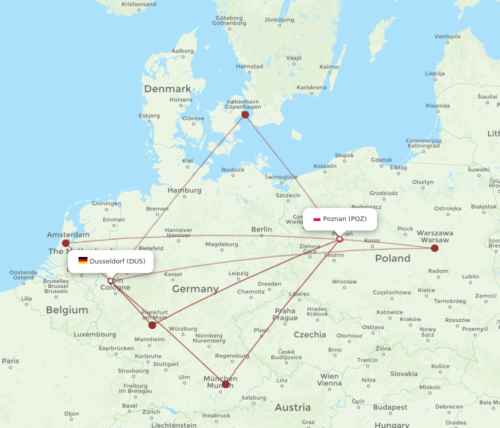 DUS to POZ flights and routes map