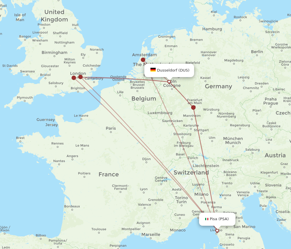 DUS to PSA flights and routes map