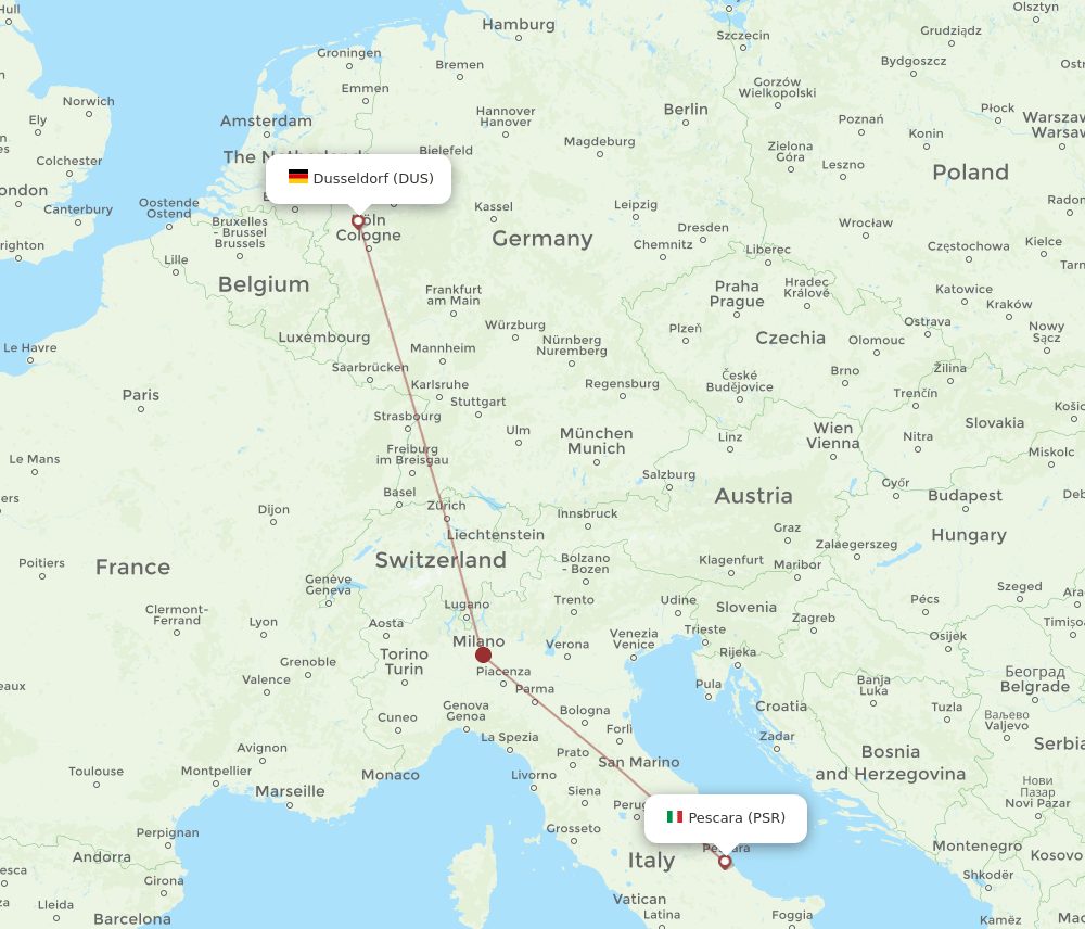 Dusseldorf - Pescara route map and flight paths