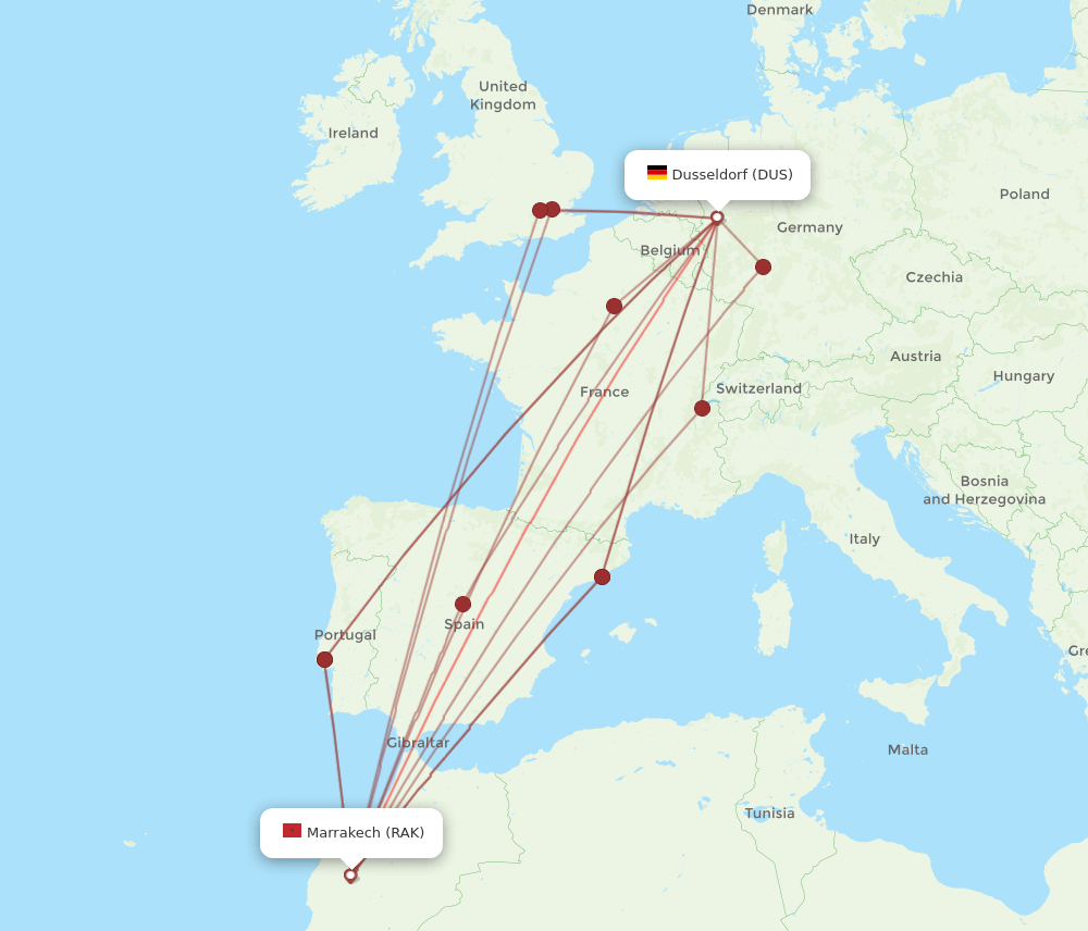 DUS-RAK flight routes